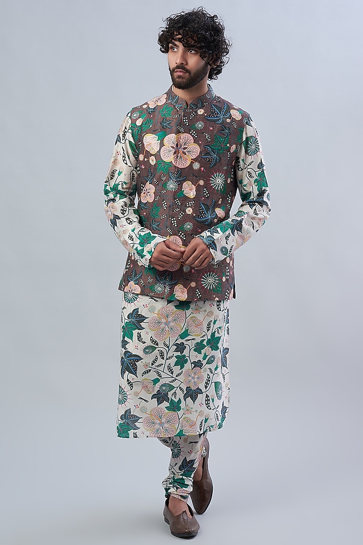 Tamer Brown Dupion Silk Printed Bundi Jacket Set by Payal Singhal Men
