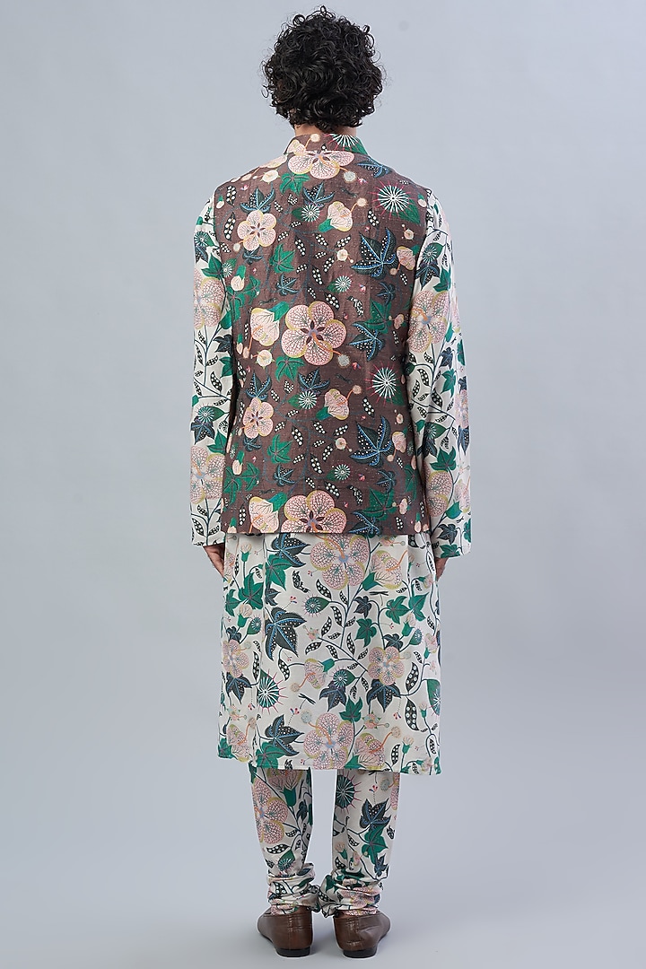 Tamer Brown Dupion Silk Printed Bundi Jacket Set by Payal Singhal Men at Pernia's Pop Up Shop