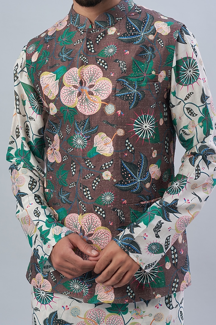 Tamer Brown Dupion Silk Printed Bundi Jacket Set by Payal Singhal Men at Pernia's Pop Up Shop