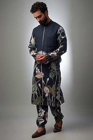 Navy Blue Linen Printed Bomber Kurta Set by Payal Singhal Men