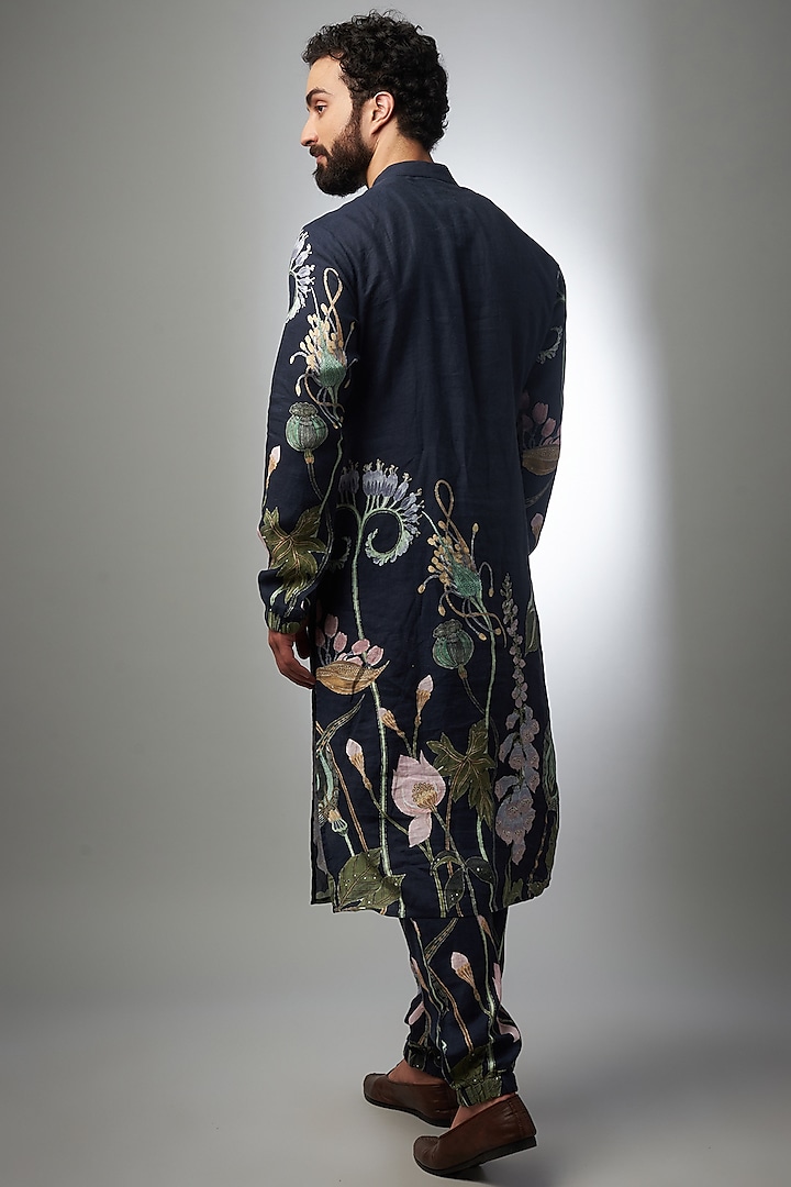 Navy Blue Linen Printed Bomber Kurta Set by Payal Singhal Men at Pernia's Pop Up Shop