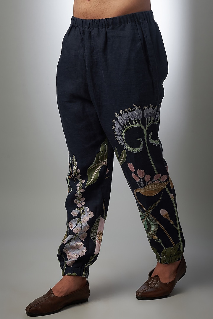 Navy Blue Linen Printed Bomber Kurta Set by Payal Singhal Men at Pernia's Pop Up Shop