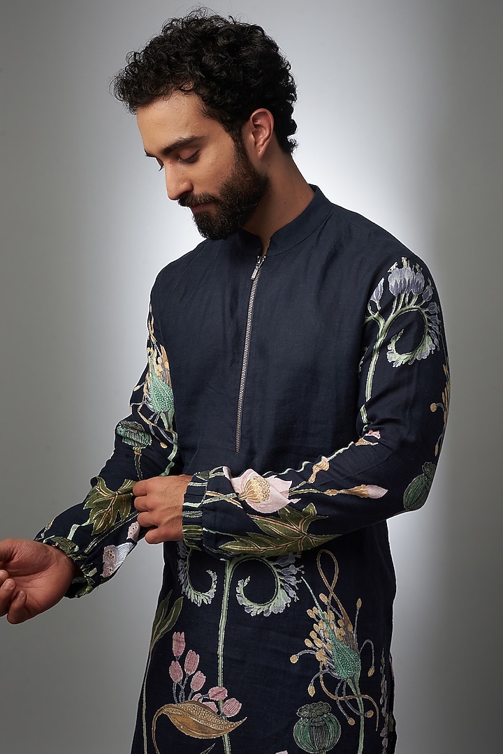 Navy Blue Linen Printed Bomber Kurta Set by Payal Singhal Men at Pernia's Pop Up Shop