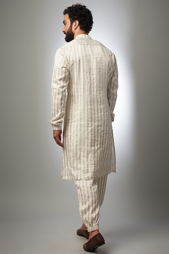 Cream & Gold Chanderi Printed Bomber Striped Kurta Set by Payal Singhal Men at Pernia's Pop Up Shop