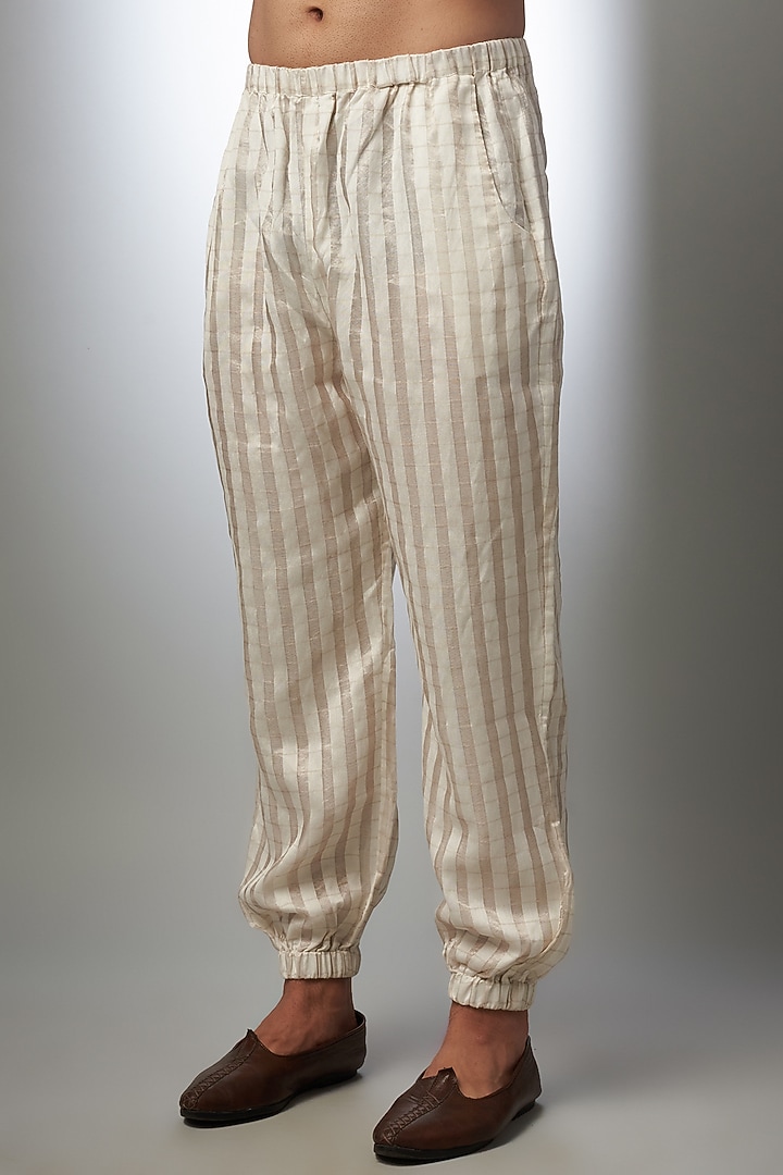 Cream & Gold Chanderi Printed Bomber Striped Kurta Set by Payal Singhal Men at Pernia's Pop Up Shop