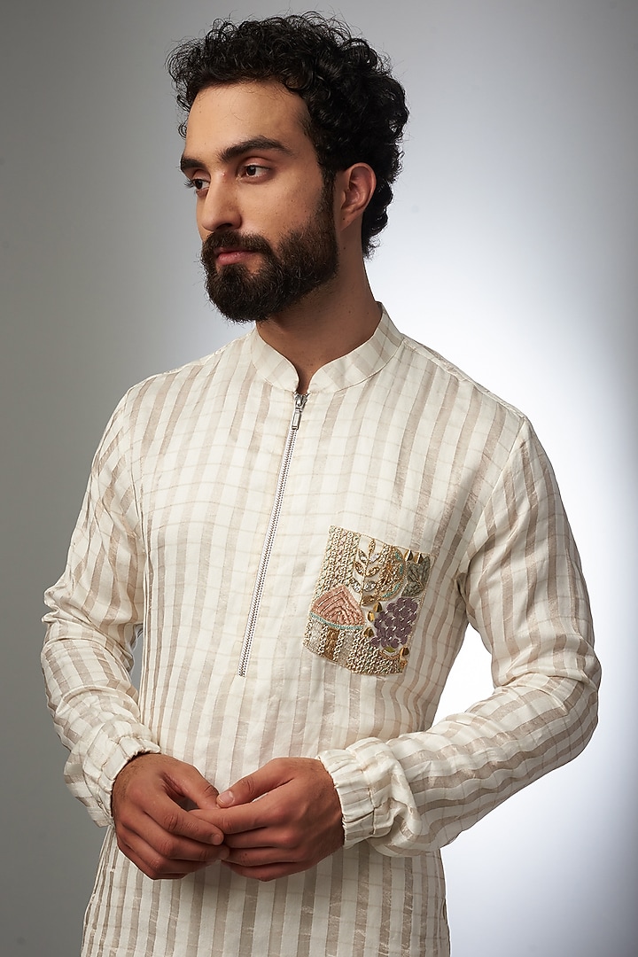 Cream & Gold Chanderi Printed Bomber Striped Kurta Set by Payal Singhal Men at Pernia's Pop Up Shop