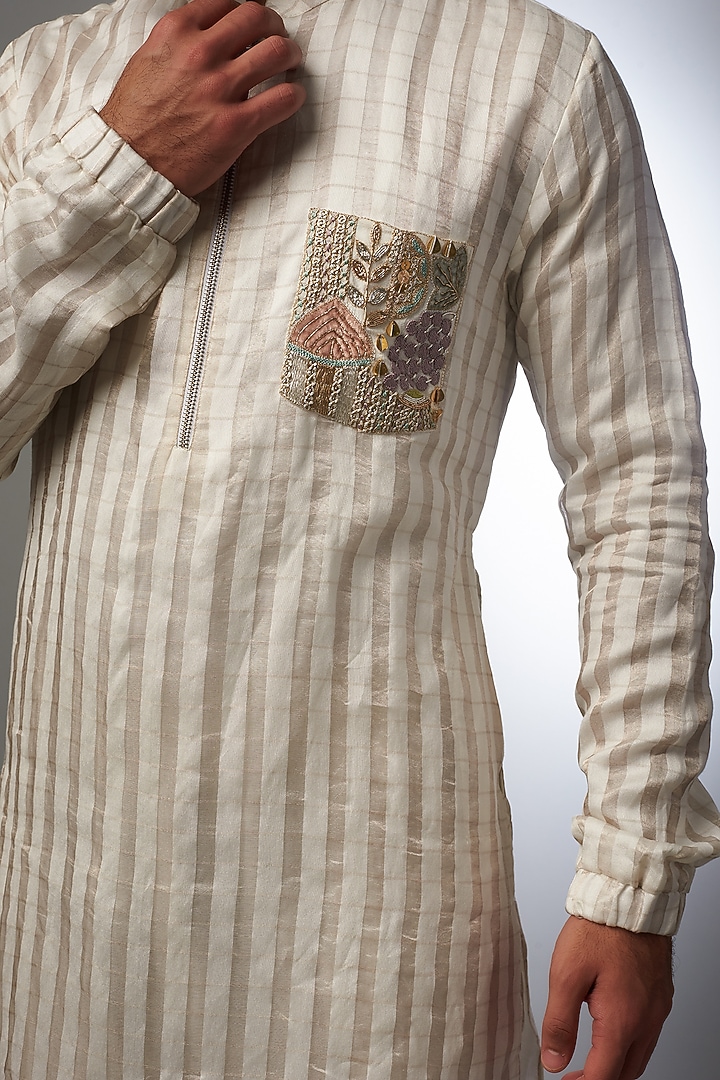 Cream & Gold Chanderi Printed Bomber Striped Kurta Set by Payal Singhal Men at Pernia's Pop Up Shop