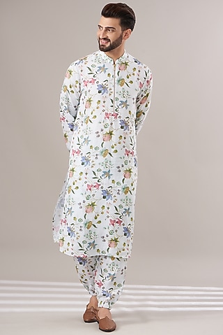 White Linen Printed Kurta Set by Payal Singhal Men