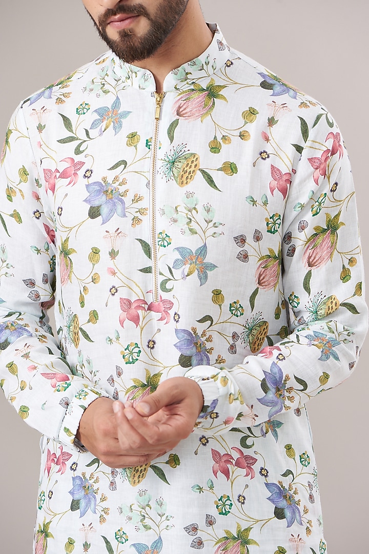 White Linen Printed Kurta Set by Payal Singhal Men at Pernia's Pop Up Shop