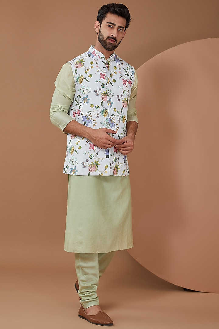 White Dupion Silk Floral Printed Bundi Jacket Set by Payal Singhal Men