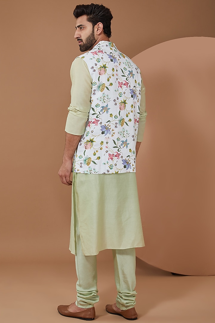White Dupion Silk Floral Printed Bundi Jacket Set by Payal Singhal Men at Pernia's Pop Up Shop