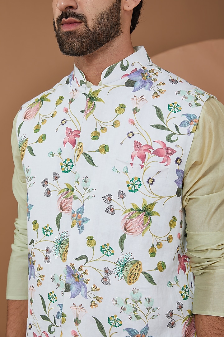 White Dupion Silk Floral Printed Bundi Jacket Set by Payal Singhal Men at Pernia's Pop Up Shop