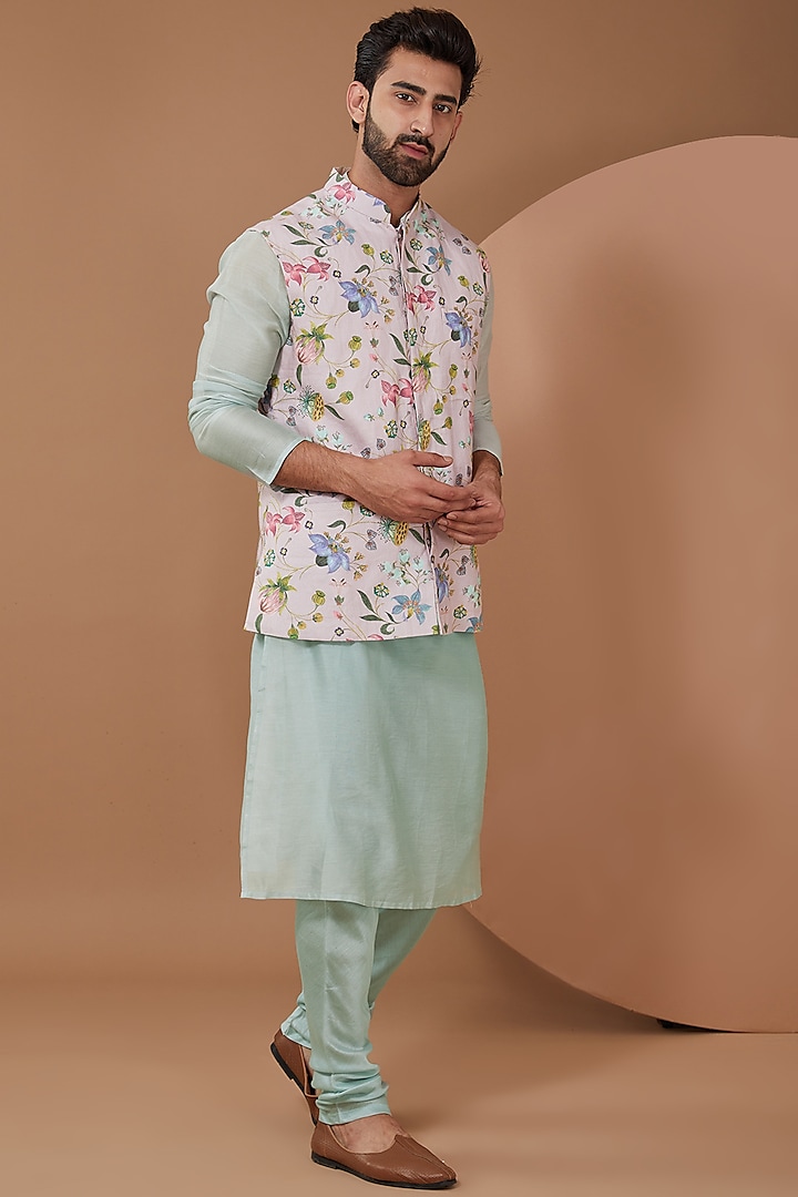 Blush Pink Dupion Silk Printed Bundi Jacket Set by Payal Singhal Men