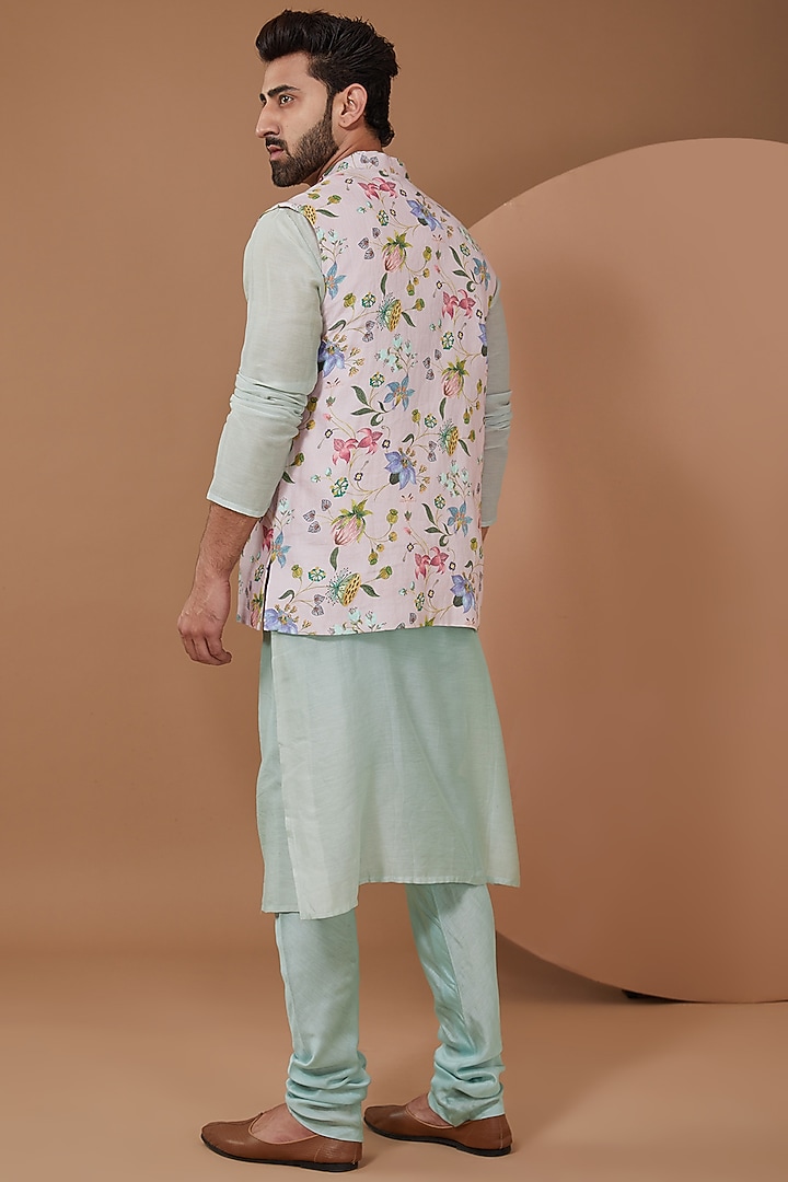 Blush Pink Dupion Silk Printed Bundi Jacket Set by Payal Singhal Men at Pernia's Pop Up Shop
