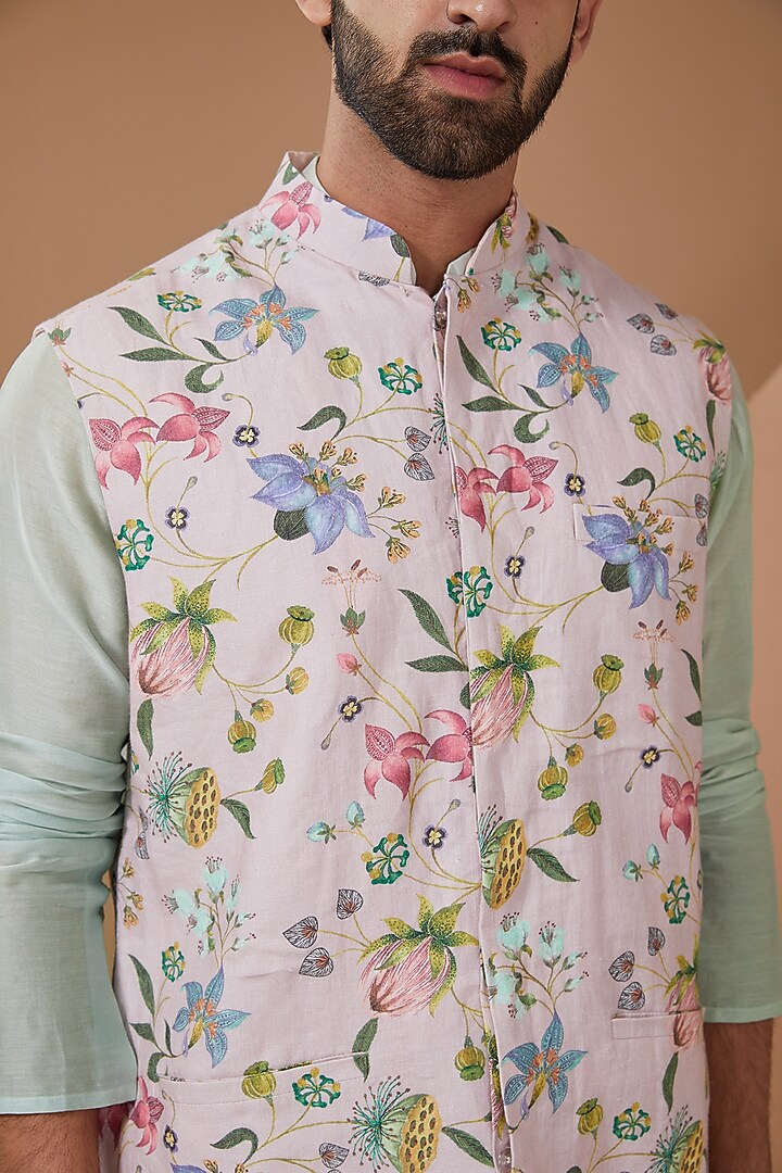 Blush Pink Dupion Silk Printed Bundi Jacket Set by Payal Singhal Men at Pernia's Pop Up Shop