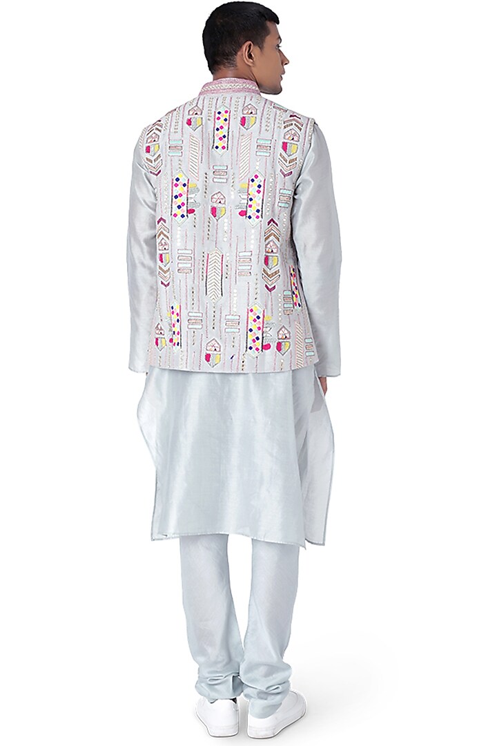 Pale Blue Dupion Silk Embroidered Bundi Jacket Set by Payal Singhal Men at Pernia's Pop Up Shop