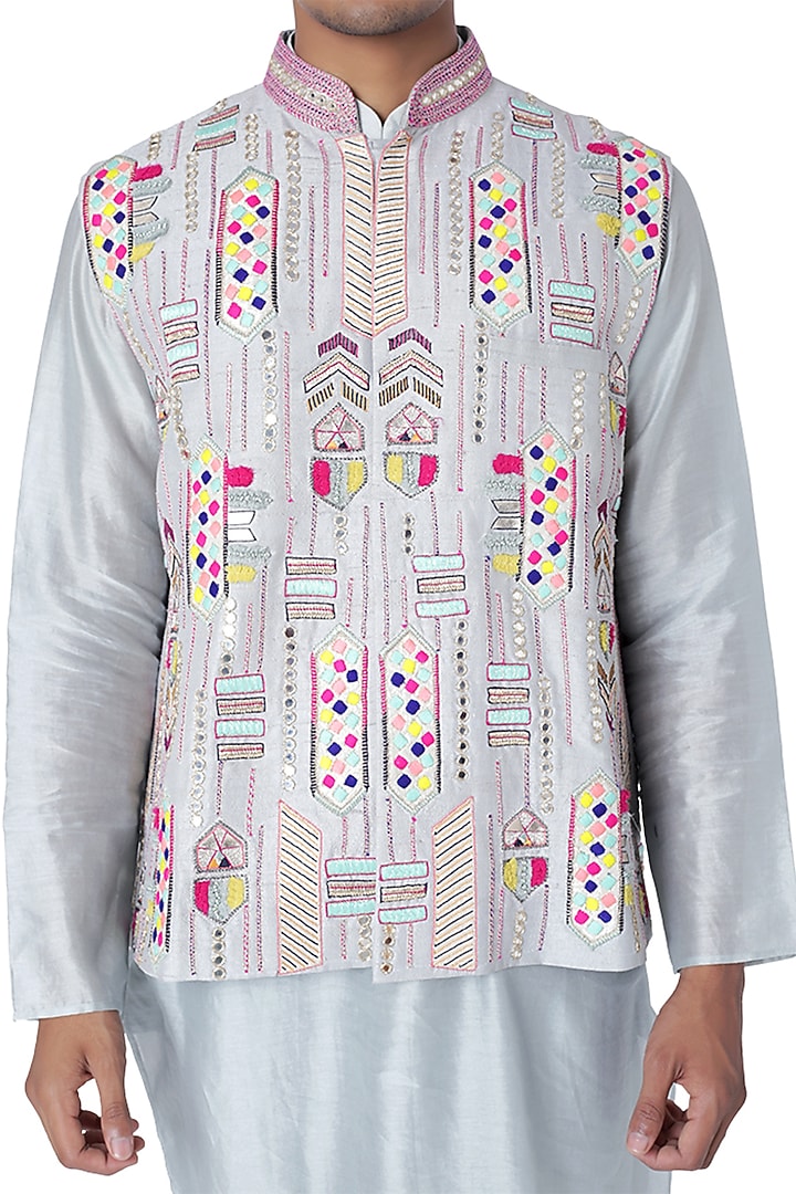 Pale Blue Dupion Silk Embroidered Bundi Jacket Set by Payal Singhal Men at Pernia's Pop Up Shop
