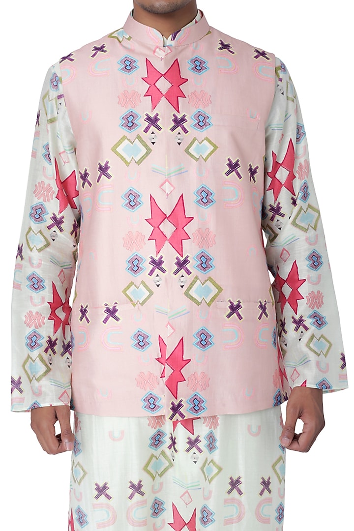 Pink Dupion Silk Printed Bundi Jacket Set by Payal Singhal Men at Pernia's Pop Up Shop