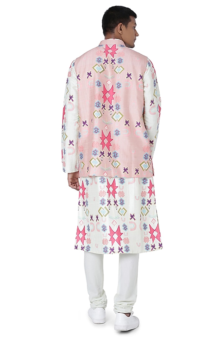 Pink Dupion Silk Printed & Embroidered Bundi Jacket by Payal Singhal Men at Pernia's Pop Up Shop