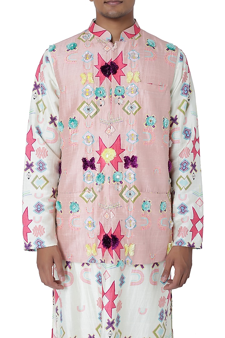 Pink Dupion Silk Printed & Embroidered Bundi Jacket by Payal Singhal Men at Pernia's Pop Up Shop