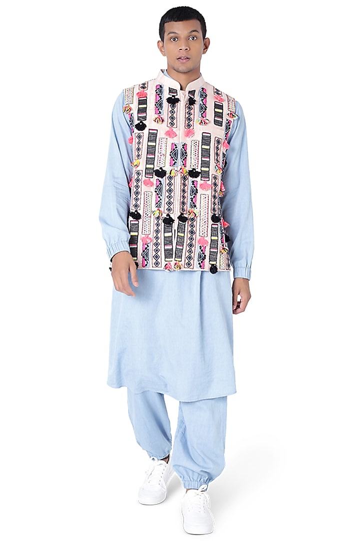 Blue Bomber Kurta Set With Bundi Jacket by Payal Singhal Men