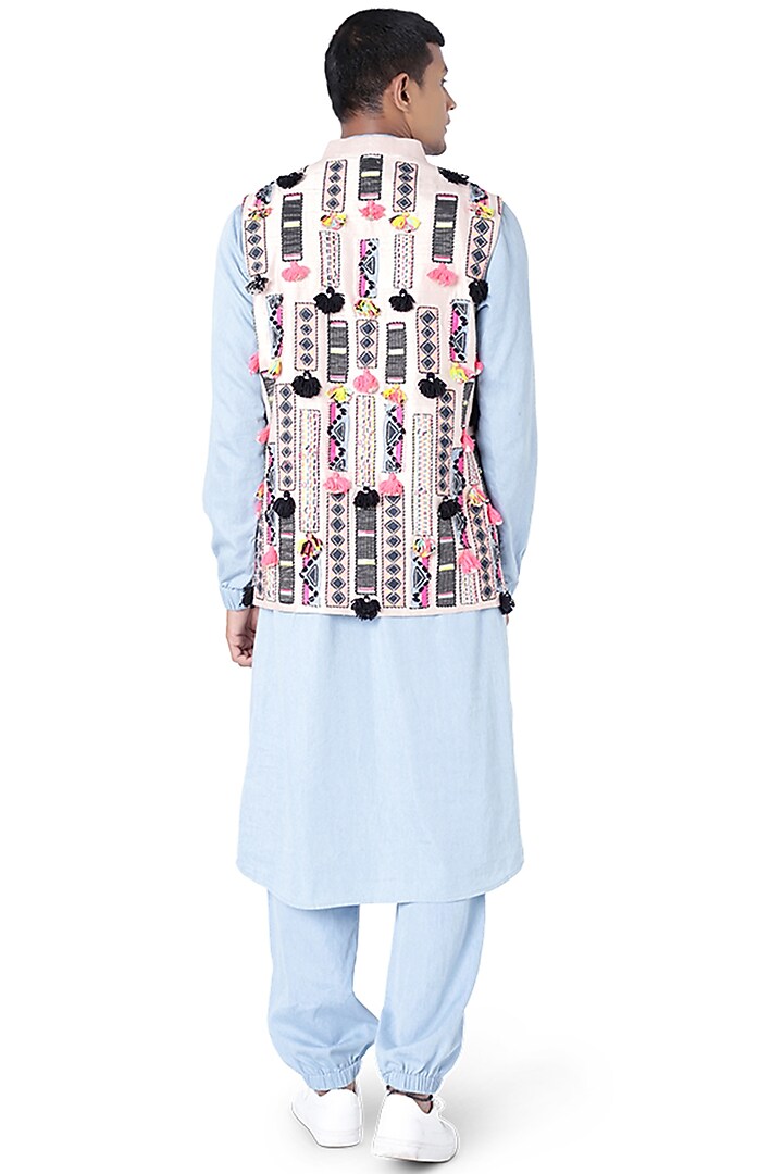 Stone-Colored Dupion Silk Embroidered Bundi Jacket Set by Payal Singhal Men at Pernia's Pop Up Shop