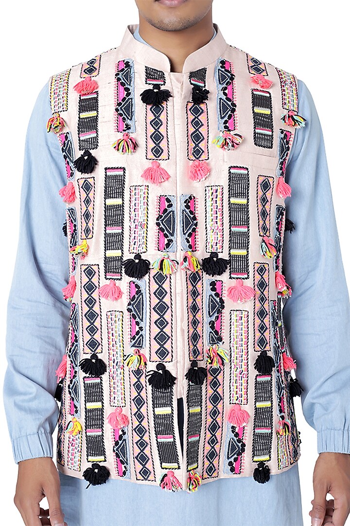 Stone-Colored Dupion Silk Embroidered Bundi Jacket Set by Payal Singhal Men at Pernia's Pop Up Shop