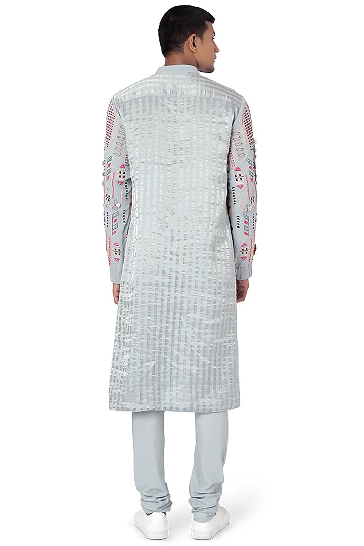 Pale Blue Striped Bomber Kurta Set by Payal Singhal Men at Pernia's Pop Up Shop