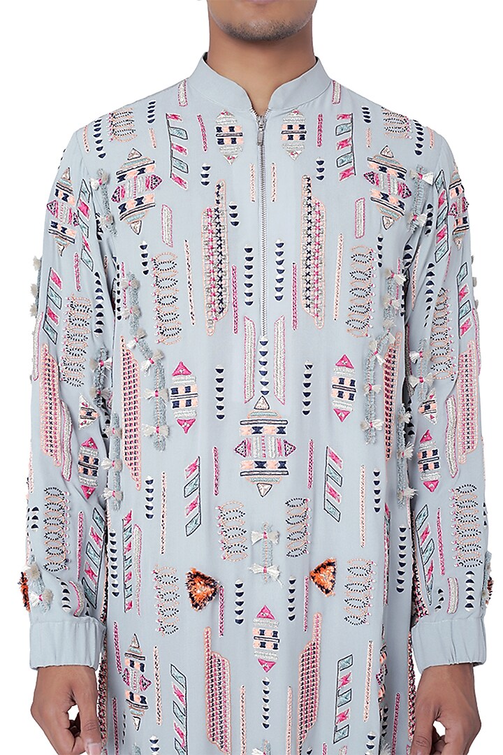 Pale Blue Striped Bomber Kurta Set by Payal Singhal Men at Pernia's Pop Up Shop
