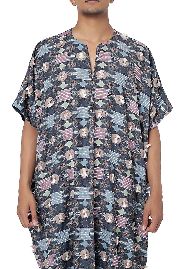 Navy Blue Cotton Rayon Printed Pant Set by Payal Singhal Men at Pernia's Pop Up Shop