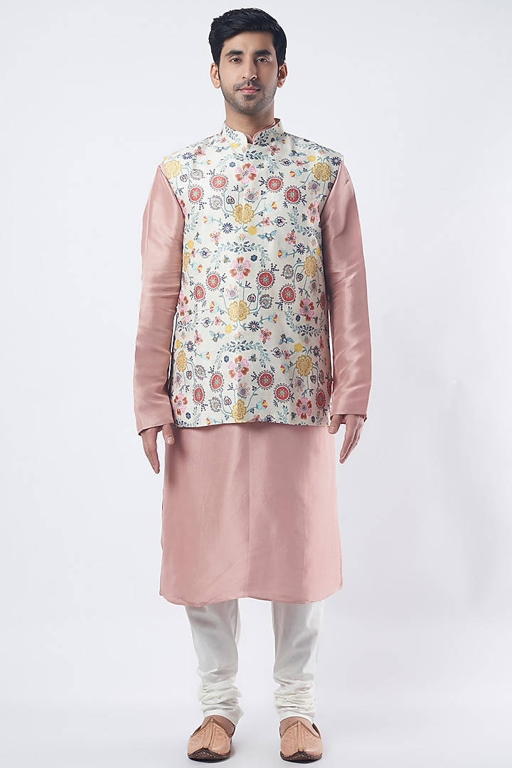 Rose Pink Silk Kurta Set With Bundi Jacket by Payal Singhal Men