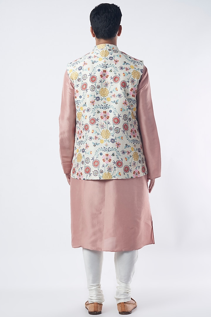 Cream Dupion Silk Printed Bundi Set by Payal Singhal Men at Pernia's Pop Up Shop
