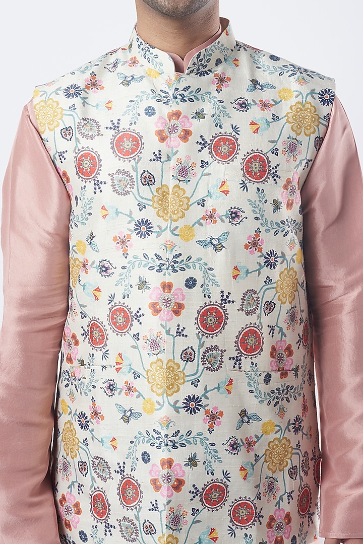 Cream Dupion Silk Printed Bundi Set by Payal Singhal Men at Pernia's Pop Up Shop