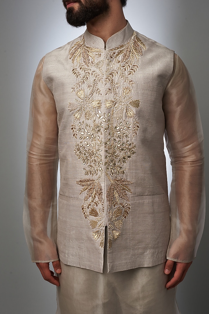 Copper Dupion Silk Embroidered Bundi Set by Payal Singhal Men at Pernia's Pop Up Shop