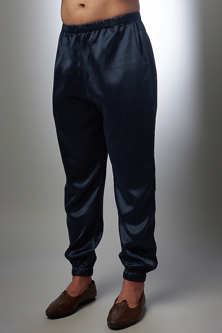 Navy blue Satin Embroidered Kurta Set by Payal Singhal Men at Pernia's Pop Up Shop