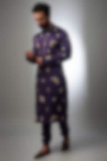 Purple Satin Embroidered Kurta Set by Payal Singhal Men