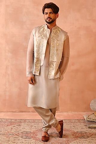 Grey Satin Embroidered Indowestern Set by Payal Singhal Men