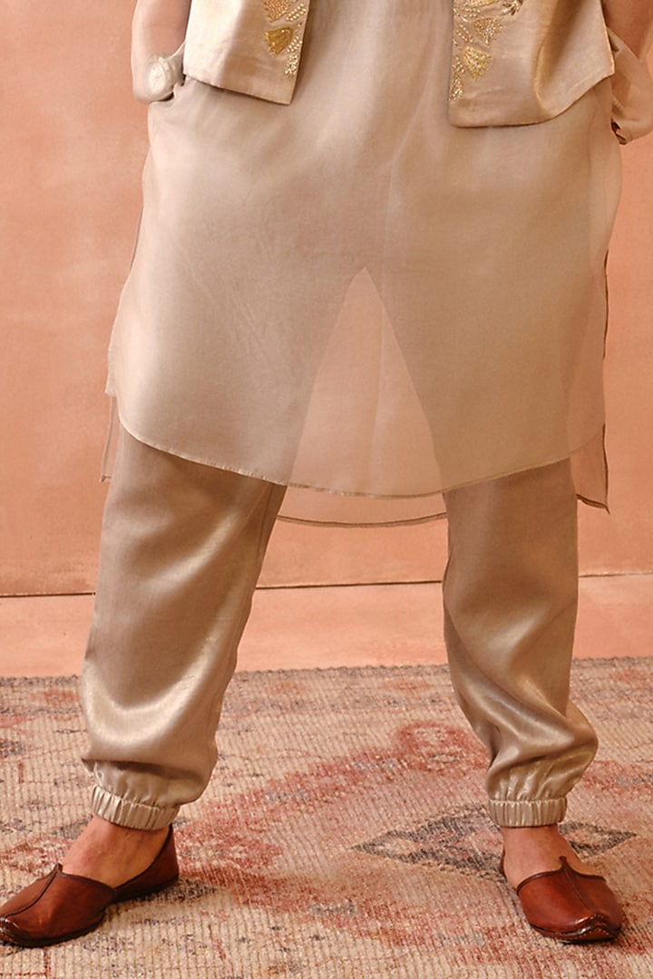 Grey Satin Embroidered Wedding Indowestern Set by Payal Singhal Men at Pernia's Pop Up Shop