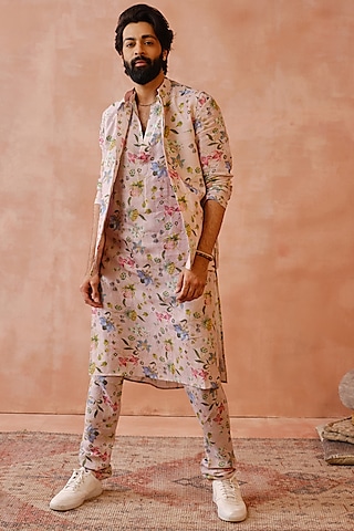 Rose Pink Linen Printed Indowestern Set by Payal Singhal Men