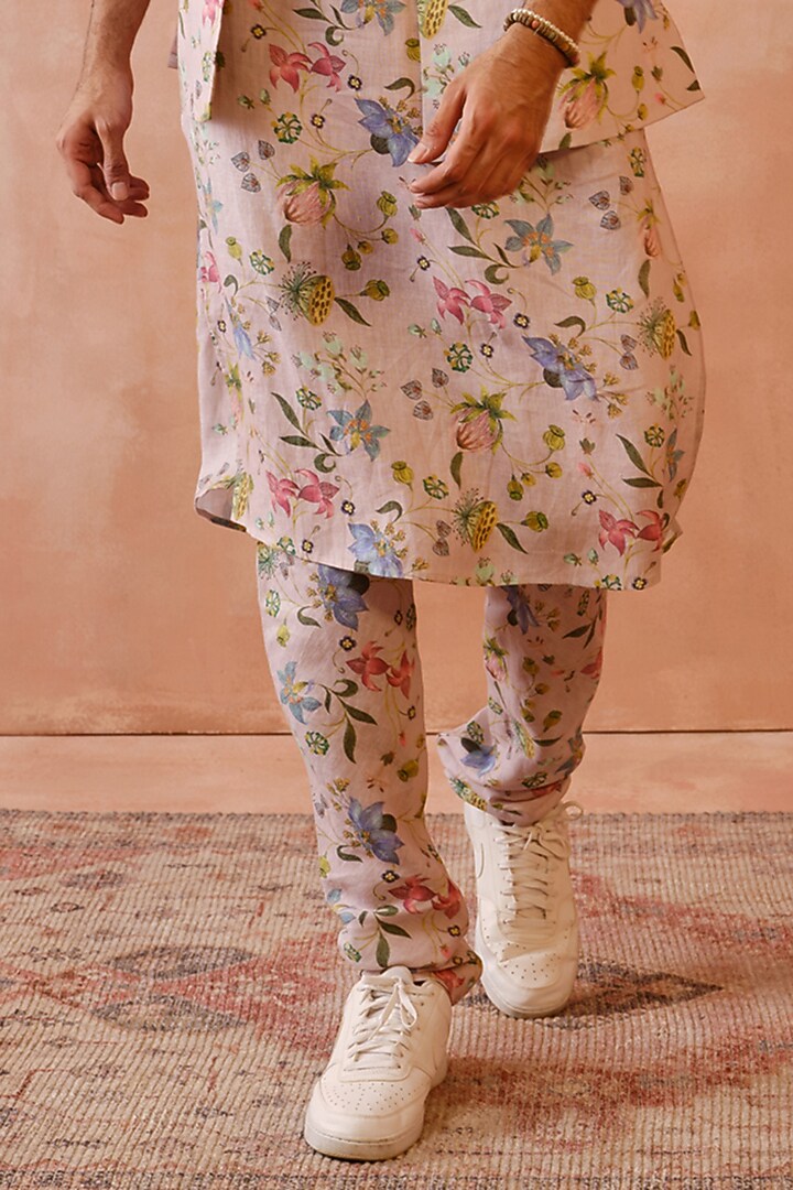 Rose Pink Linen Printed Wedding Indowestern Set by Payal Singhal Men at Pernia's Pop Up Shop
