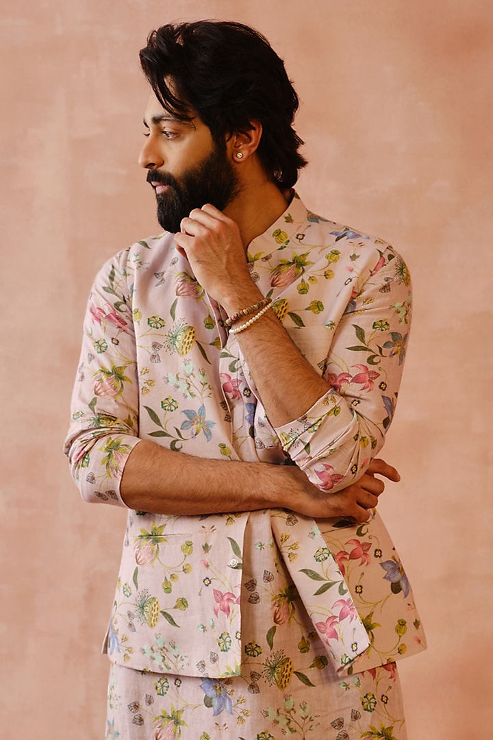 Rose Pink Linen Printed Wedding Indowestern Set by Payal Singhal Men at Pernia's Pop Up Shop