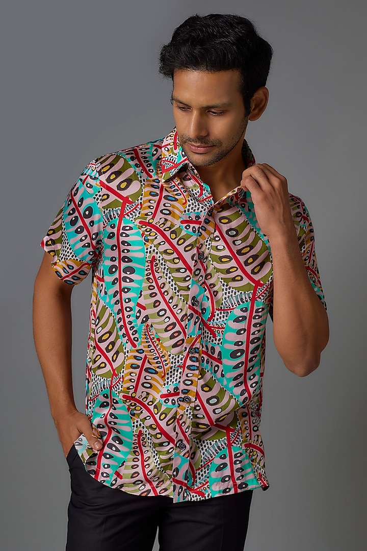 Red Modal Satin Digital Printed Shirt by Payal Singhal Men