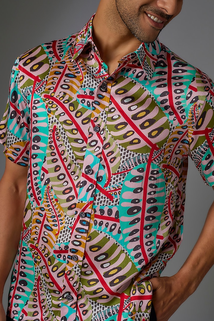 Red Modal Satin Digital Printed Party Wear Shirt by Payal Singhal Men at Pernia's Pop Up Shop