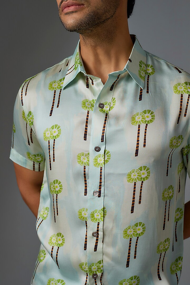 Mint Modal Satin Digital Printed Party Wear Shirt by Payal Singhal Men at Pernia's Pop Up Shop