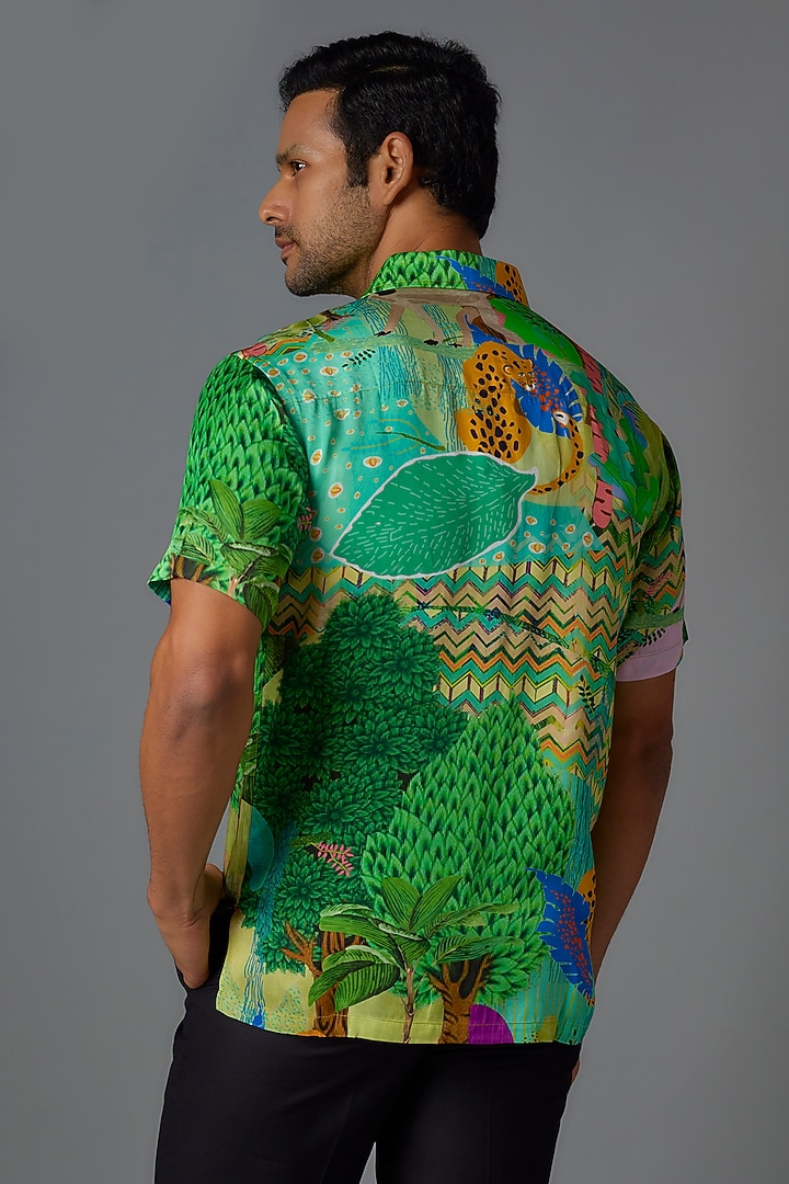 Green Modal Satin Digital Printed Party Wear Shirt by Payal Singhal Men at Pernia's Pop Up Shop