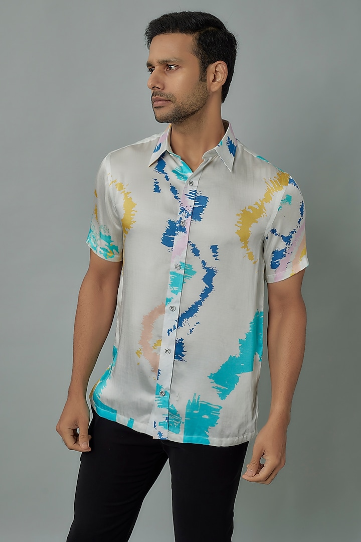 Ivory Modal Satin Digital Printed Shirt by Payal Singhal Men at Pernia's Pop Up Shop