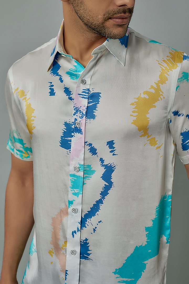Ivory Modal Satin Digital Printed Shirt by Payal Singhal Men at Pernia's Pop Up Shop