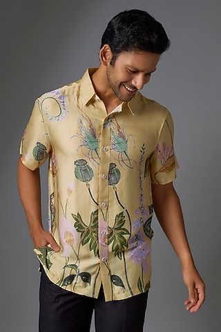 Yellow Modal Satin Digital Printed Shirt by Payal Singhal Men