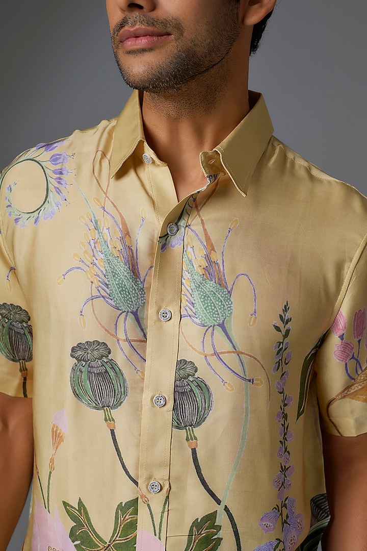 Yellow Modal Satin Digital Printed Party Wear Shirt by Payal Singhal Men at Pernia's Pop Up Shop