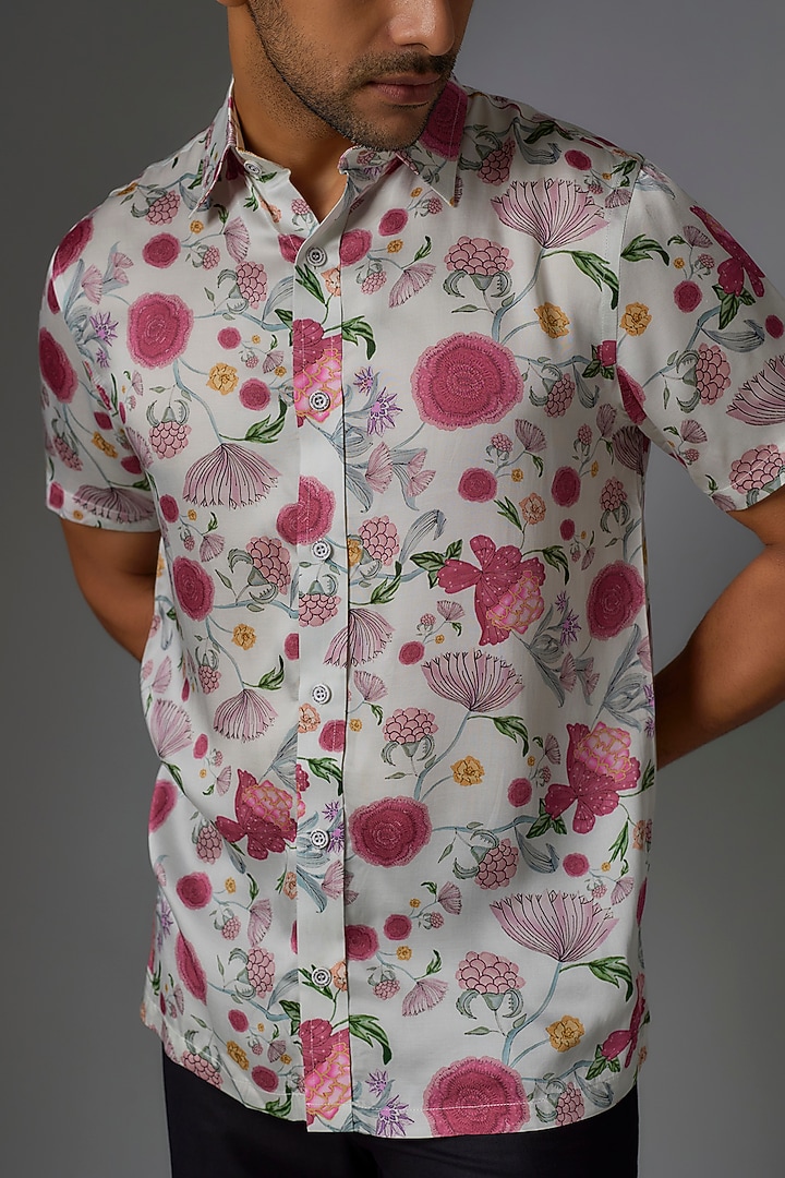 Ivory Modal Satin Digital Printed Party Wear Shirt by Payal Singhal Men at Pernia's Pop Up Shop